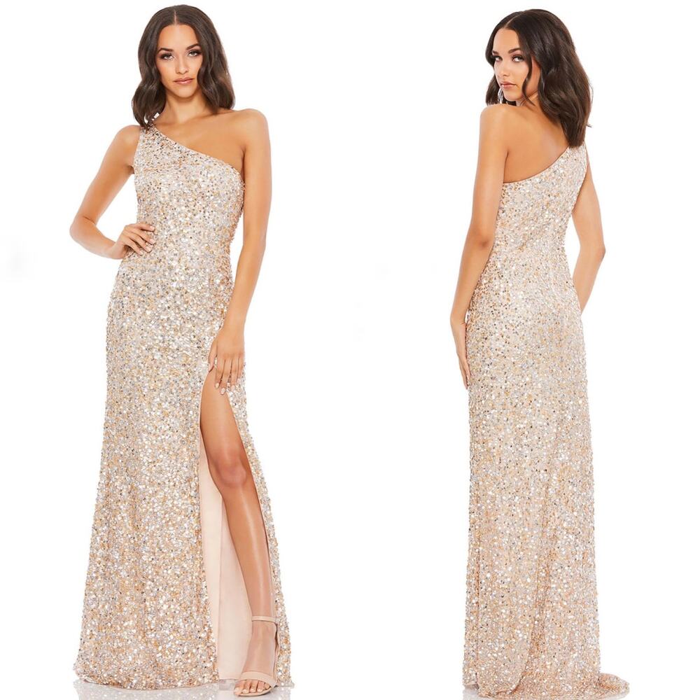 NWT Mac Duggal 10729M One Shoulder Sequin Dress Nude Gold Silver Maxi US 10